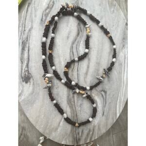 Vintage Shell Wood Disc Lei Necklace Long Boho Beach Puka Conical Brwn & Wh 70s